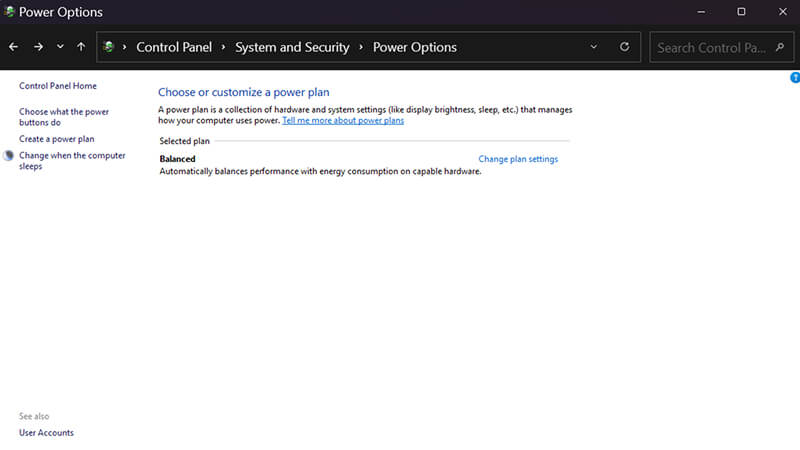 A screenshot showing how to change plan settings in the Control Panel.