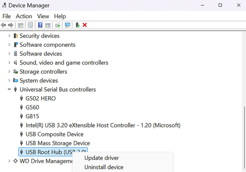 A screenshot showing how to uninstall a USB controller in Device Manager.