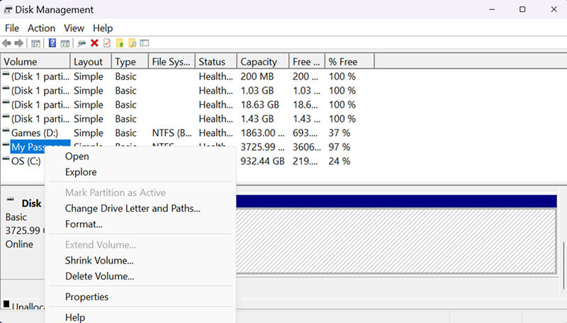 A screenshot of the context menu to change a drive letter in Disk Management.
