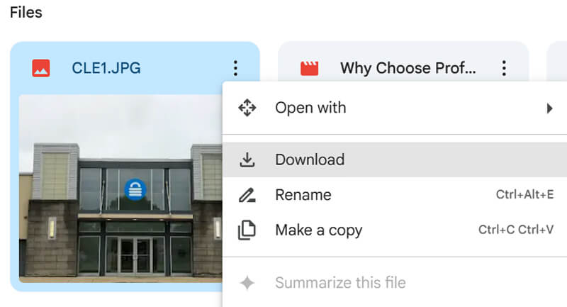 A screenshot showing how to download a photo from Google Drive.