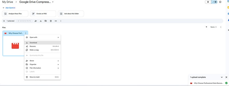 A screenshot showing how to download a video from Google Drive.