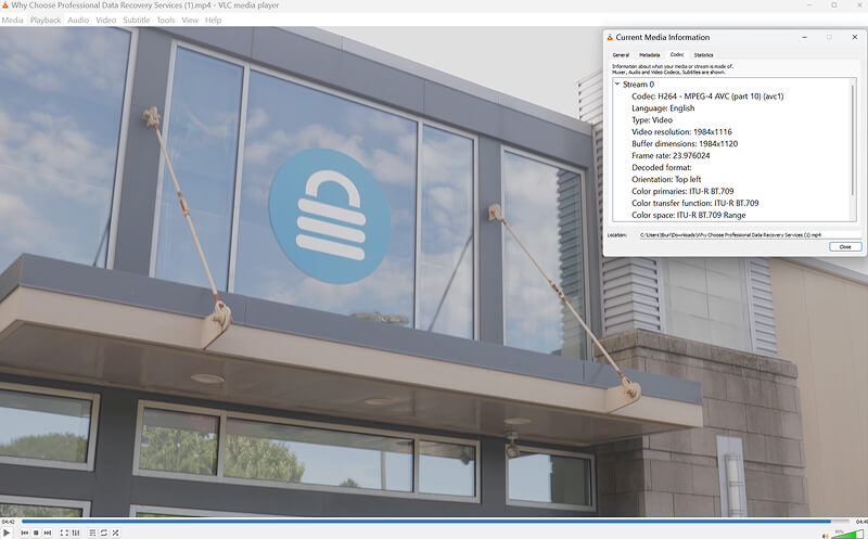 A screenshot showing the codec info of the downloaded video.