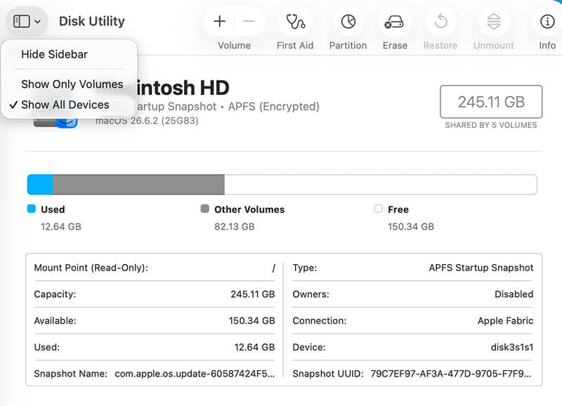A screenshot showing how to show all devices in Disk Utility.