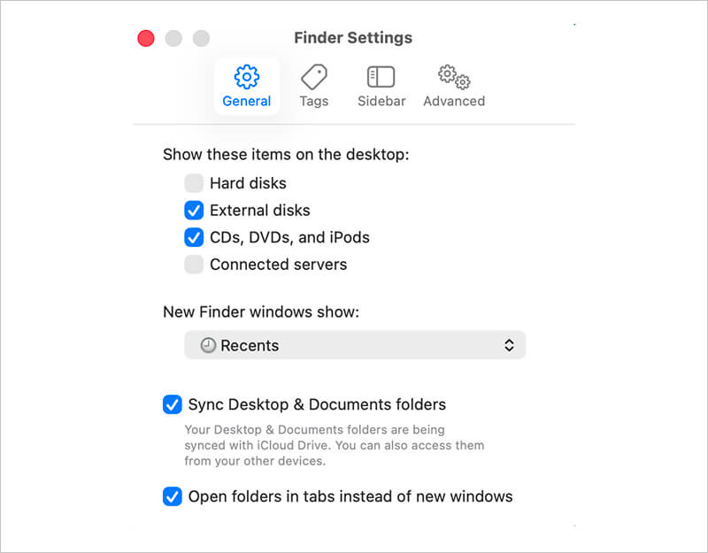 A screenshot showing how to enable external disks in the General tab in Finder.