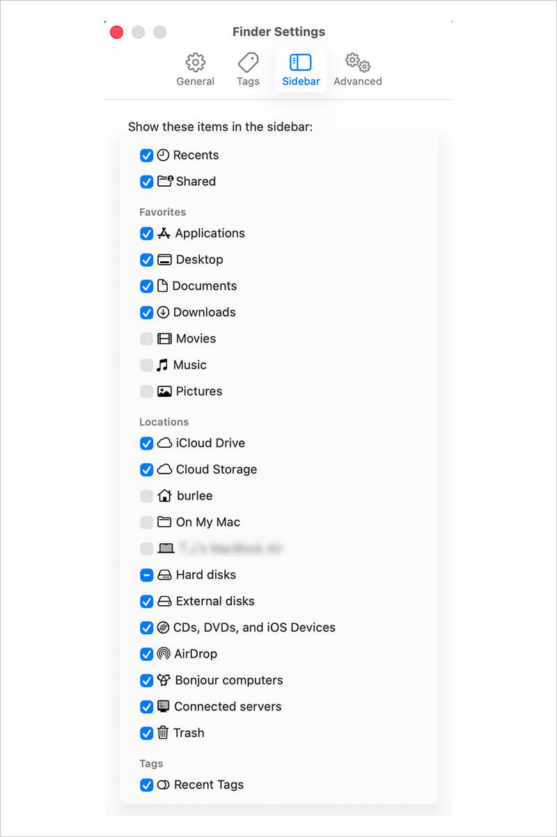 A screenshot showing how to enable external disks in the Sidebar tab in Finder.
