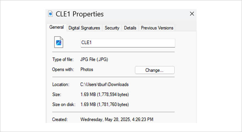 A screenshot showing the file size of the original photo