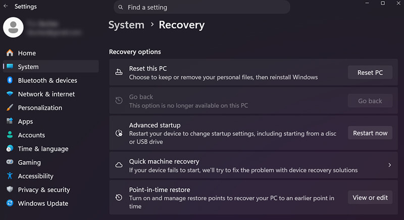 A screenshot showing the Restart Now option in the System Settings Recovery menu.