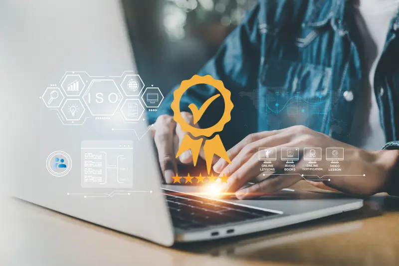 Person checking company certifications and credentials