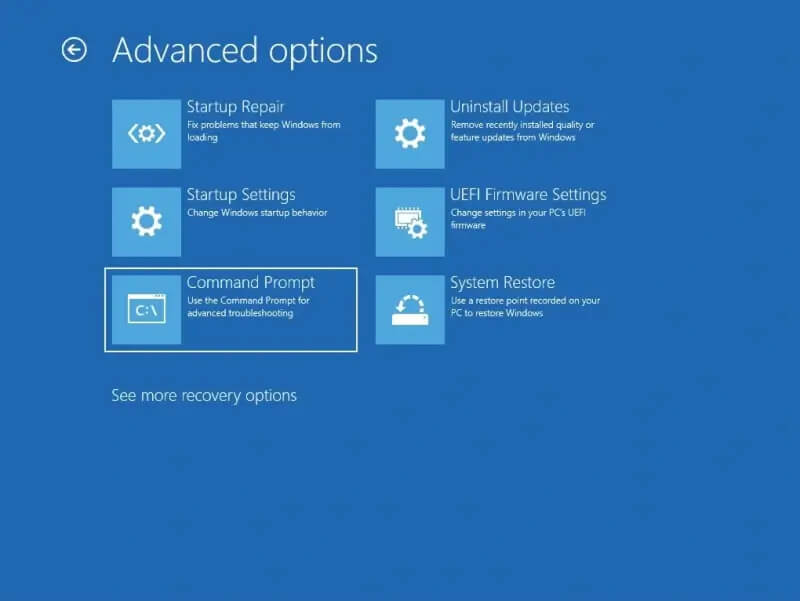 A screenshot showing the Command Prompt option in the Windows Recovery Environment.